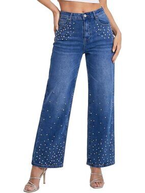 High-Waisted Stretchy Wide Leg Pearl Jeans with Rhinestones & Bling - Denim